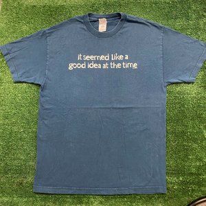 Vintage Y2K Good Idea Quote T-Shirt Faded Boxy Navy Blue L Grunge Skater Humor